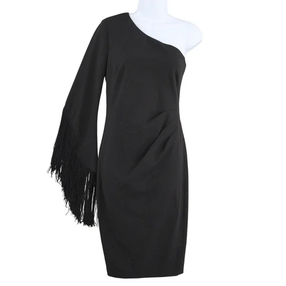 AQUA One Shoulder Fringed Sleeve Sheath Dress Womens 6 Black Formal Holiday NWT - Picture 2 of 16